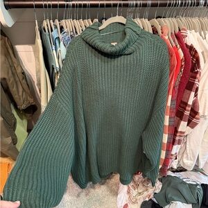 Free People Green Chunky Knit Turtleneck Sweater